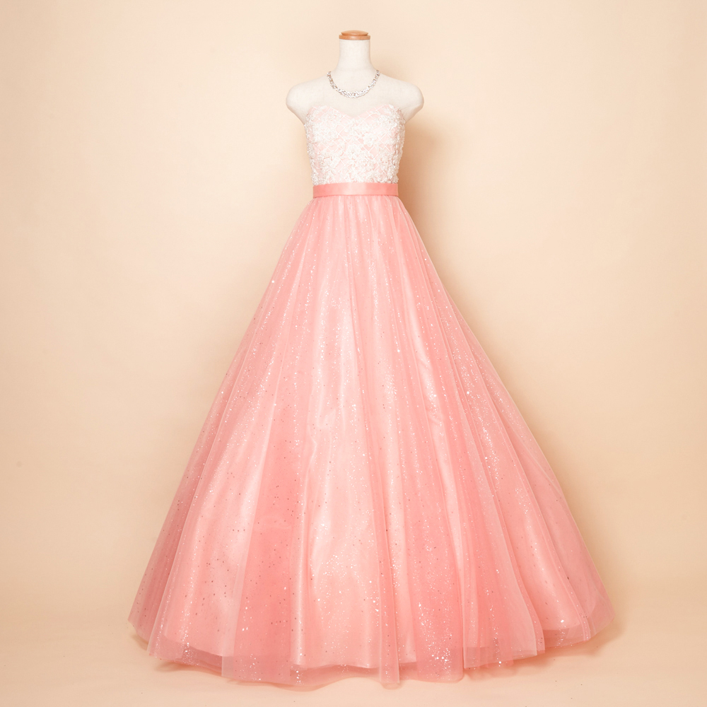 ビジュー刺繍レースグリッターピンクステージドレス