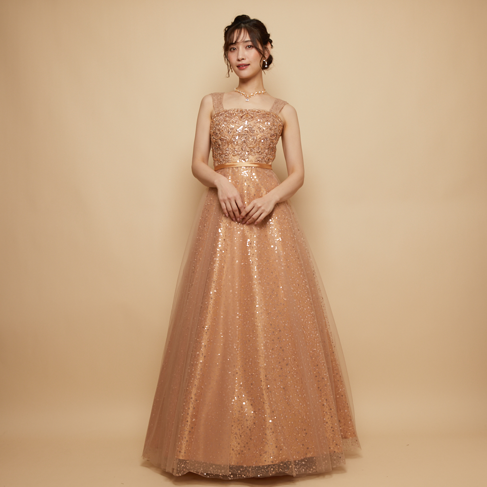 ゴールドブロンズチュールブリリアントビーズ刺繍ドレス