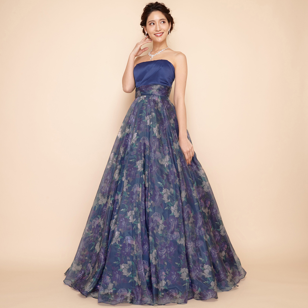 ANNABELLE アナベル ブルー パープル フワラープリント ドレス ブルーパープルフワラープリント光沢オーガンジードレス