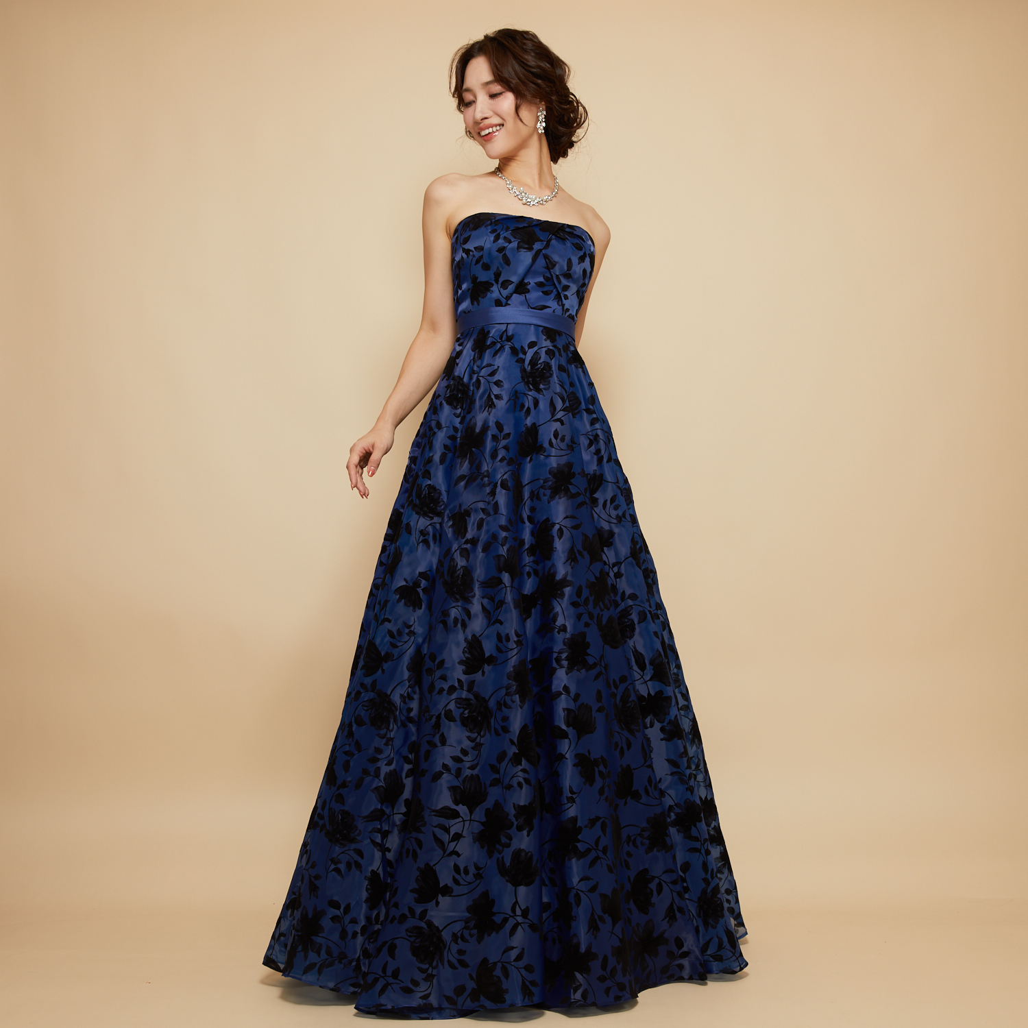 ネイビーブルーカラーブラックフロッキープリントドレス