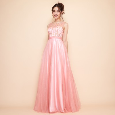 小花スパンコール刺繍グリッターチュールピンクドレス