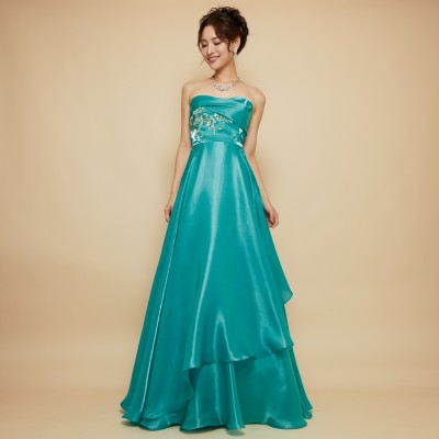 【HOUSE OF CB】 ミントグリーン スリット入りドレス 胸元タック刺繍アクアグリーンサテンレイヤードレス