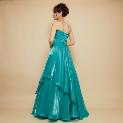 胸元タック刺繍アクアグリーンサテンレイヤードレス