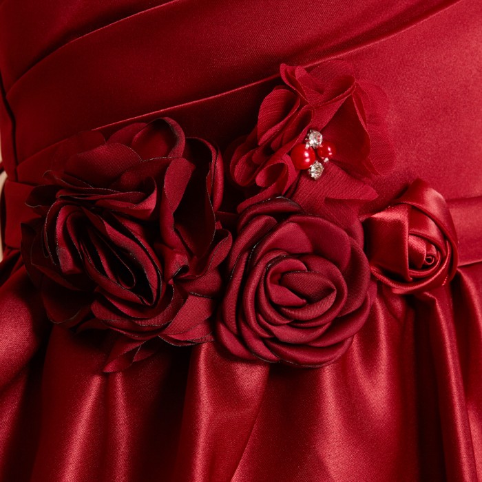 ウエストフラワーワイン上質サテングリッタードレス