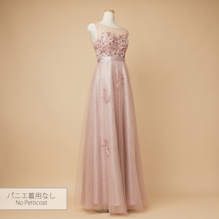 スモークカラーフラワービーズ刺繍ダスティローズドレス