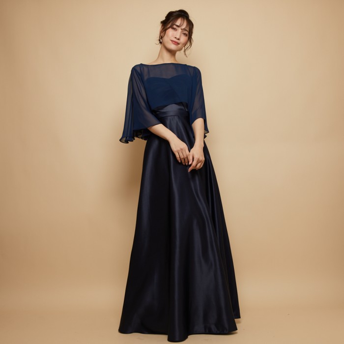 フレアスリーブネイビーカラーシフォンケープボレロ