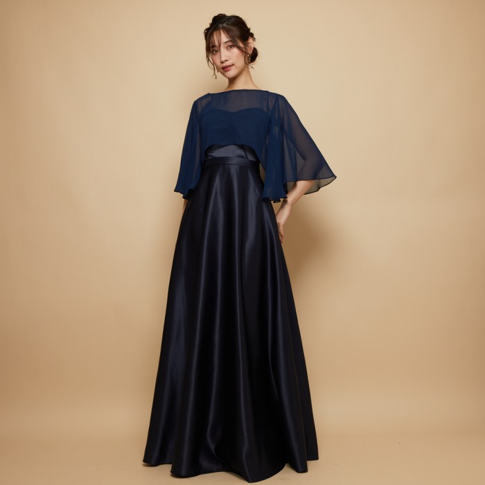 フレアスリーブネイビーカラーシフォンケープボレロ