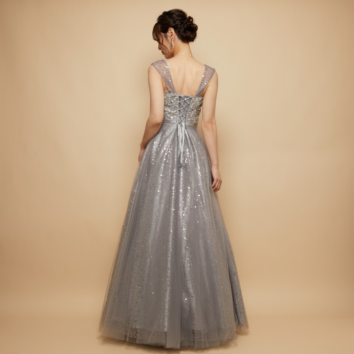 シルバーグレーチュールブリリアントビーズ刺繍ドレス