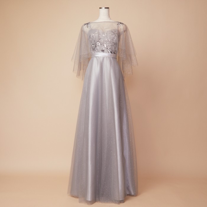 アシメデザインケープ付きシルバーラメチュールドレス