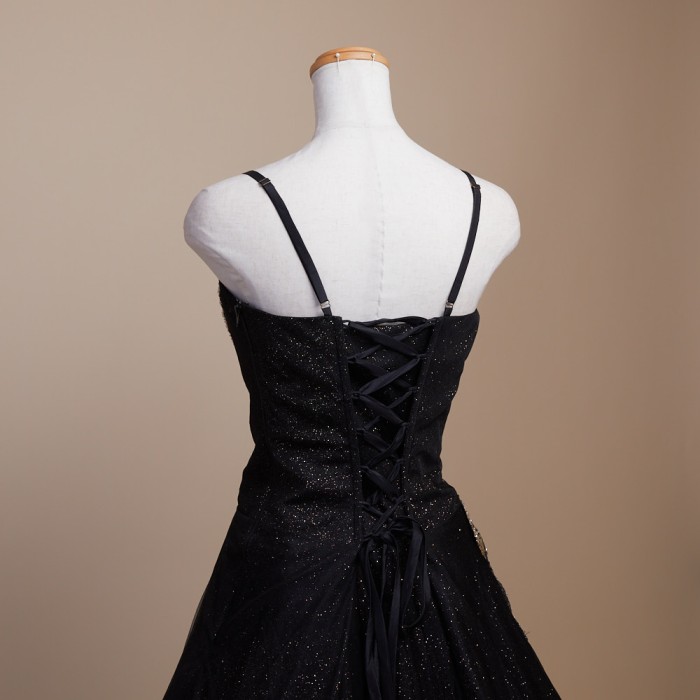 ミルキーウェイデザインラメチュールブラックドレス