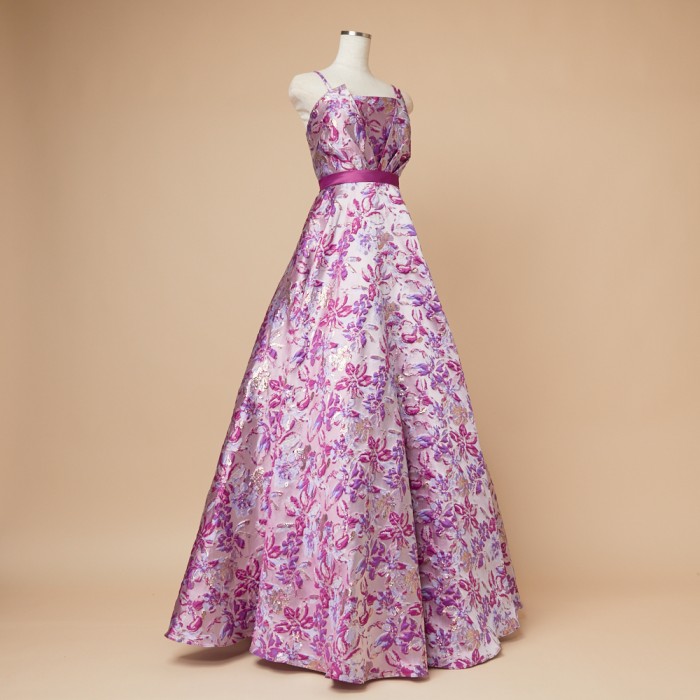 マゼンタカラー総柄ジャガードAラインフレアドレス