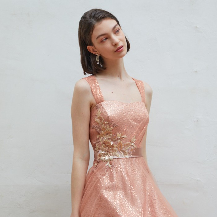 エレガントフラワー刺繍スパンコールゴールドドレス