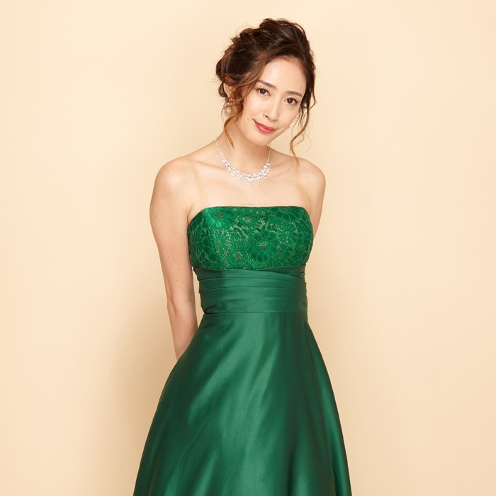 グリーン上質サテンラメフラワーレースロングドレス