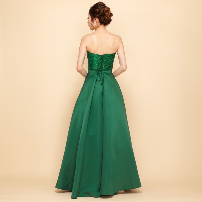 グリーン上質サテンラメフラワーレースロングドレス