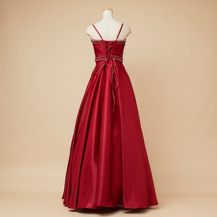 オーロラクリスタル装飾ルージュレッド艶サテンドレス