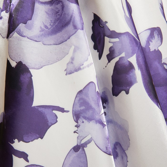 シャイニーサテンパープルフラワープリントドレス