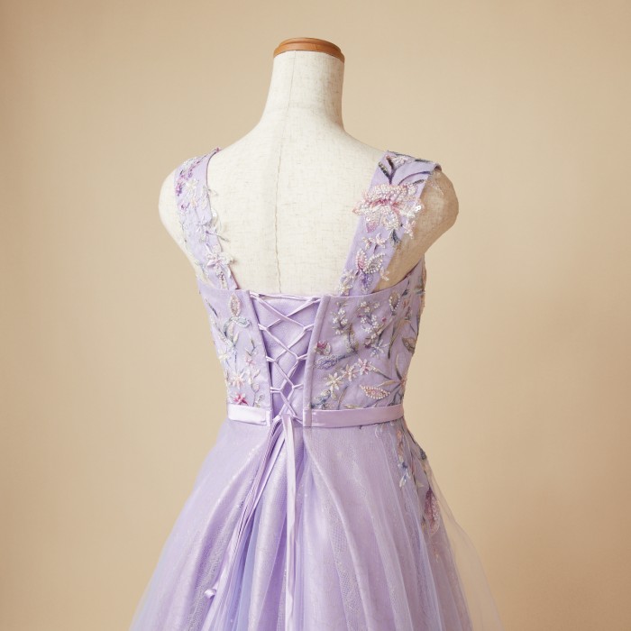 ファンシービーズ刺繍ライラックチュールレースドレス