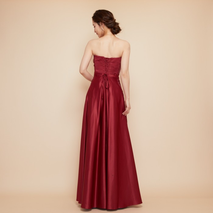 ラグジュアリースパンコールワインカラーサテンドレス
