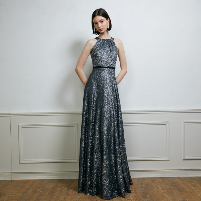 ホルターネックスパークリンググリッターブラウンドレス