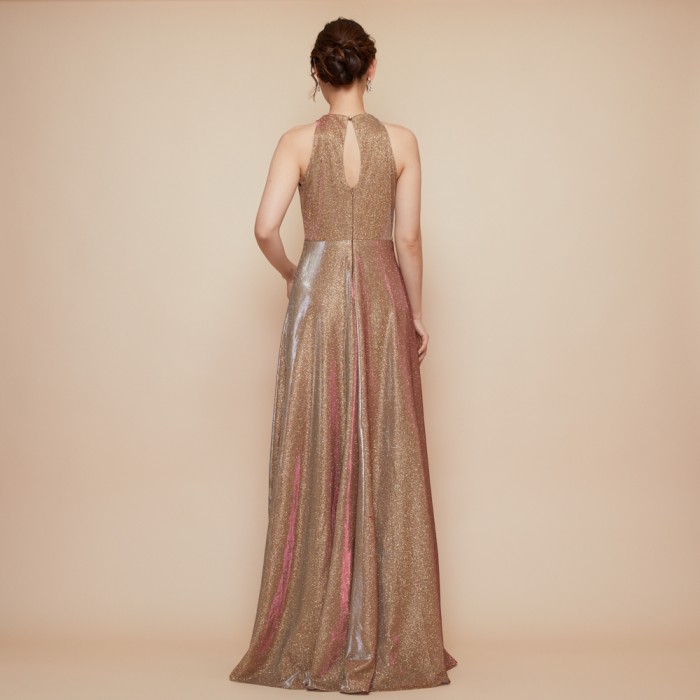 ホルターネックスパークリンググリッターブラウンドレス