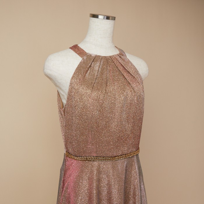 ホルターネックスパークリンググリッターブラウンドレス