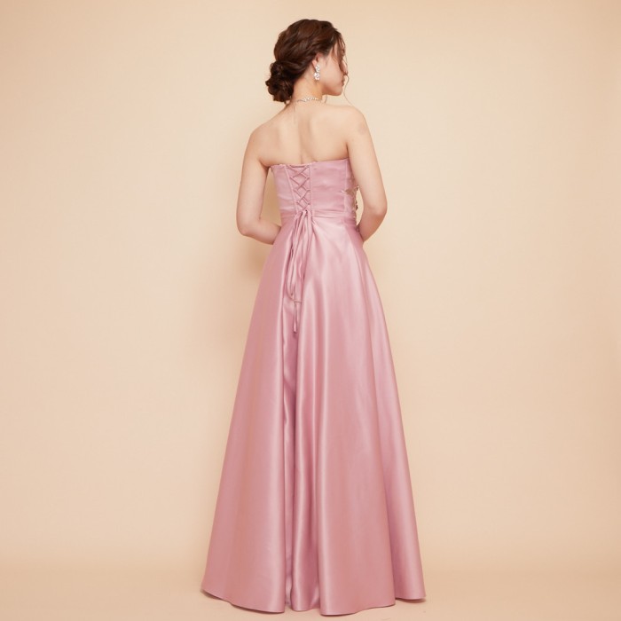 ランダムタックフラワー刺繍スモーキーピンクドレス