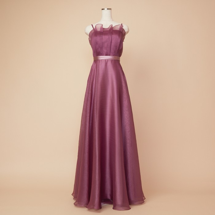 ピンクパープルワッシャーオーガンジー胸元フリルドレス