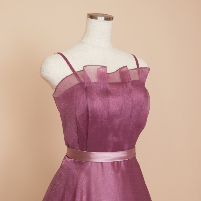 ピンクパープルワッシャーオーガンジー胸元フリルドレス